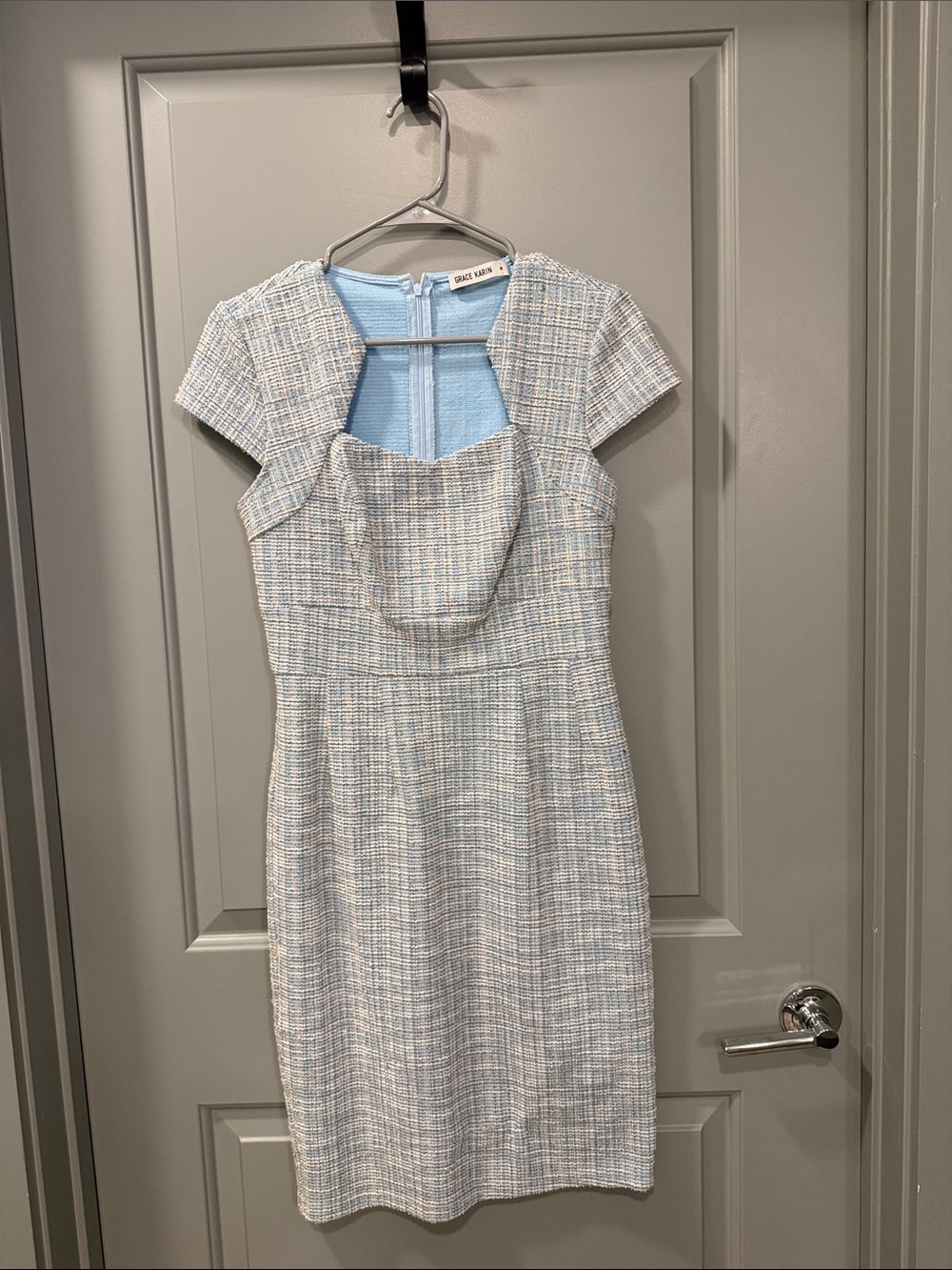 Grace Karin Light Blue Tweed Midi Dress with Cutout Neckline
